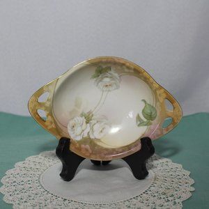 VTG Regina Ware Germany Hand Painted Dish w/Handles White Rose Pattern